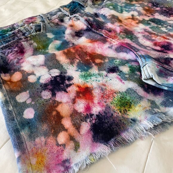 Custom Bleach Splash Denim Shorts Free Speech High-Waisted Boho Festival Style - Picture 8 of 11